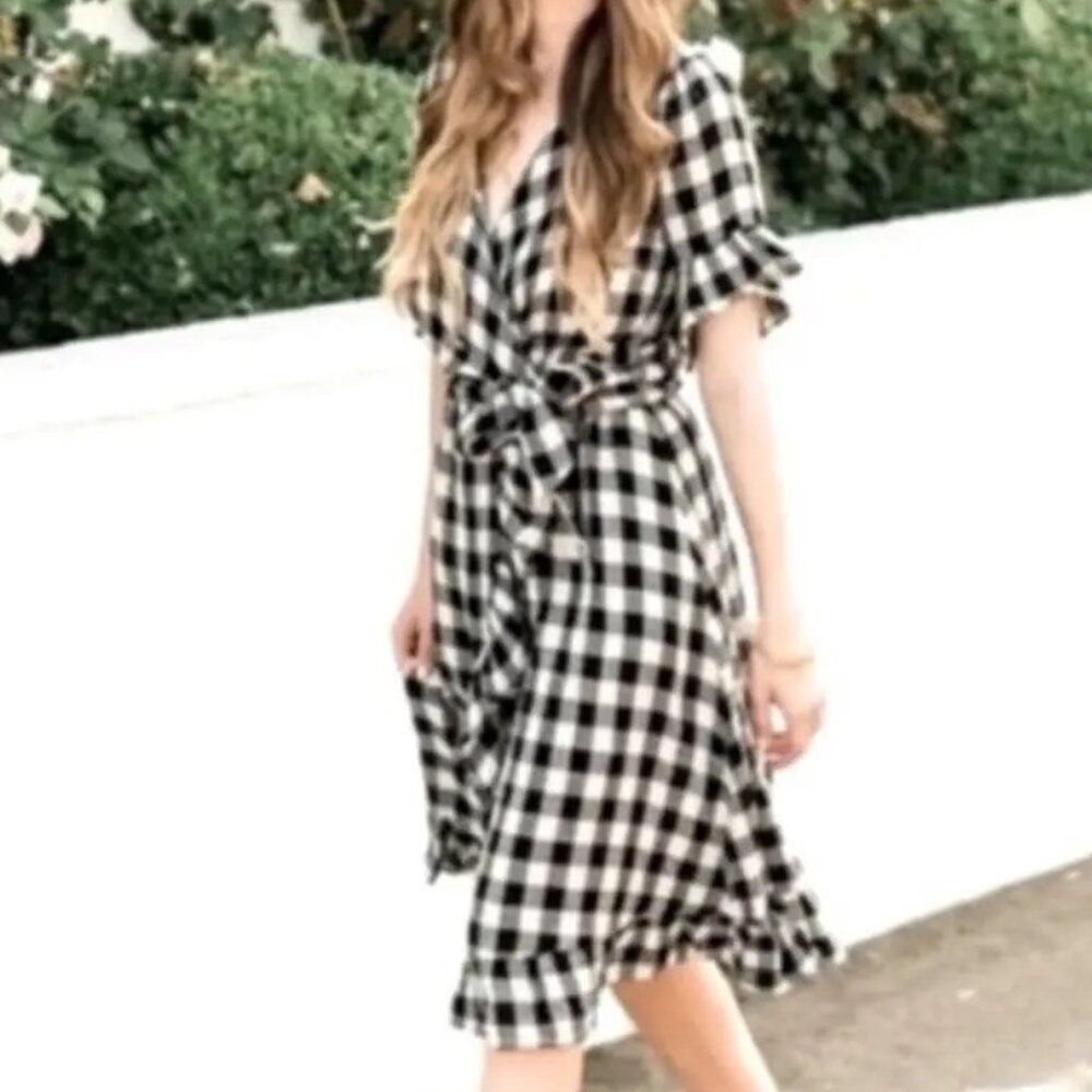 Anthropologie Flannel Gingham Wrap Dress | Black & Tan